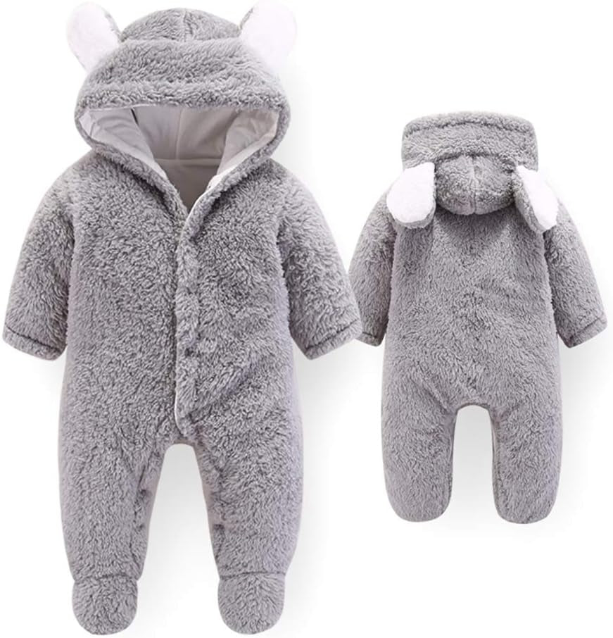 Newborn Baby Cartoon Bear Snowsuit Winter Coat Fleece Hooded Romper Jumpsuit