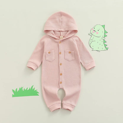 Winter Newborn Baby Boy Girl Solid Romper Unisex Infants Hooded Outfit Clothes Waffle Cotton Button Jumpsuits